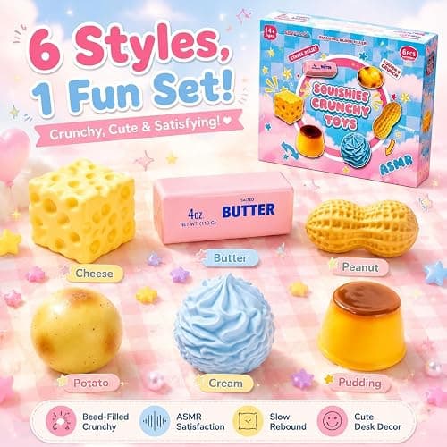 6 Pack Crunchy Squishy Squeeze Stress Squishies Ball Asmr Bead Filled | Butter Peanut Pudding Cream Cheese Potato Asmr Filled, Squeeze Stress Ball Rebound Calming Desk Decor Moldable Adults thumbnail 2