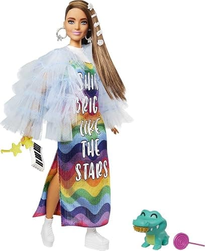 Barbie Extra Doll #9 in Blue Ruffled Jacket with Pet Crocodile, Long Brunette Hair, Bling Hair Clips, Gift for Kids 3Y+, GYJ78 - Image 1
