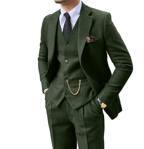 Retro 3 Piece Suit Tweed Herringbone Men's Suits Slim Fit Jacket Vest Pant | Tweed Wool Blend Retro 3 Piece Suit Herringbone Men's Suits Vintage Wedding Groom Tux Set Dress Prom Single Breasted Jacket - Image 1