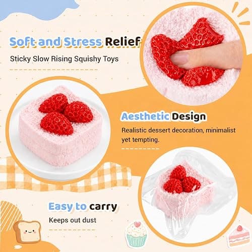 Strawberry Cake Squishy Toys, Silicone Squeeze Toys for Slow Rising Squishy | Realistic Food Shaped Sticky Squishy Fidget Toys, Great for Office and Home Stress Relief, Party Favors and Fun Gifts thumbnail 3
