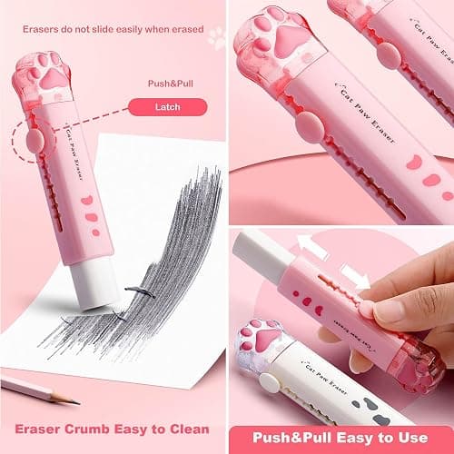 Doraking Cute Eraser, Retractable Kawaii Cat Paw Erasers for Kids, Rubber Push-Pull Eraser for Students Writing Drawing Aesthetic Erasers for School Office Supplies thumbnail 5
