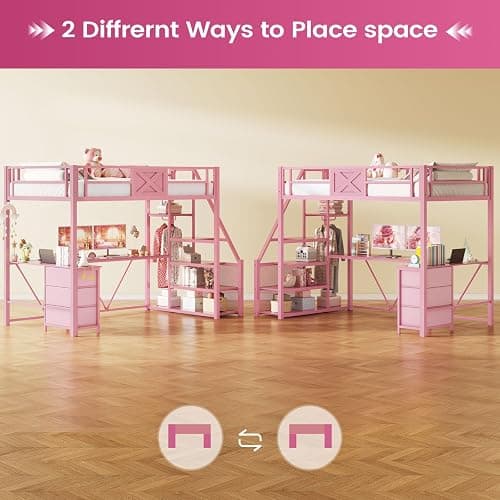 Itaar Stairway Twin Size Loft Bed with L Shaped Desk and Wardrobe, Metal Loft Bed Frame with Stairs, 3 Fabric Drawers, LED Lights & Charging Sation, No Noise & No Box Spring Needed, Pink thumbnail 9