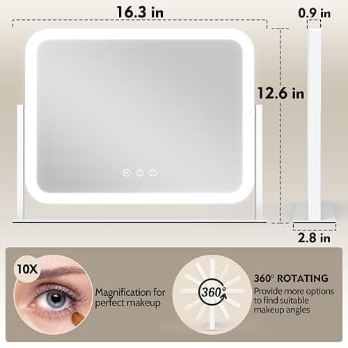 ROLOVE Lighted Makeup Mirror, 17"x13" Vanity Mirror with Lights, 10X Magnification, Gifts for Women, 3 Color Lighting Modes, Smart Touch Control, 360° Rotation for Bedroom or Tabletop (White) thumbnail 2