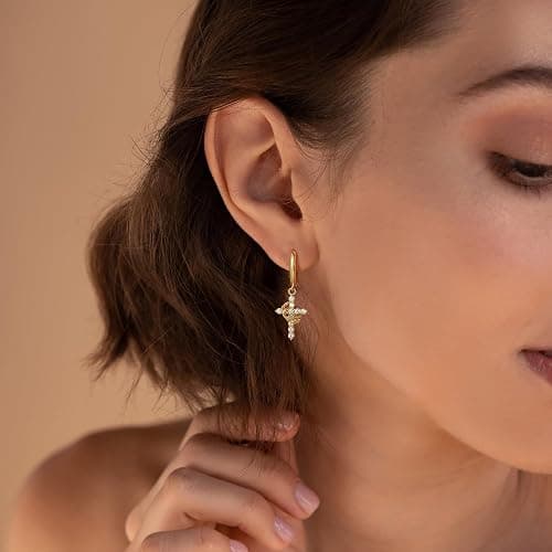 Robaice Gold Crown Cross Earrings for Women - 14K Gold Plated Huggie Hoop Earrings with CZ Diamond Cross Charm Dangle, Religious Christian Jewelry Gifts for Her thumbnail 2