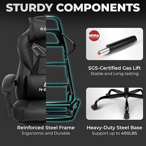 N-GEN GAMING Gaming Chair Big and Tall Computer Heavy Duty Office Desk Chair with Footrest Ergonomic Lumbar Support High Back Recliner for Adults (Dark Black) thumbnail 9