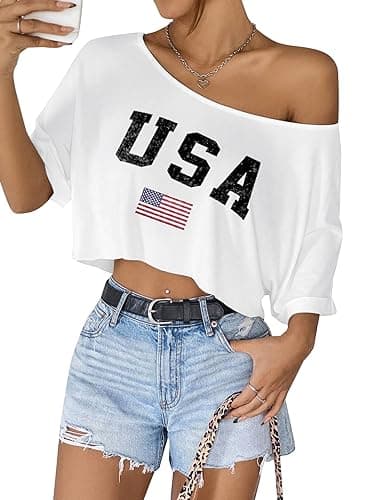 SOFIA'S CHOICE Women's Off Shoulder Crop Tops Loose Boat Neck Short Sleeve T Shirt - X-Small - White Usa thumbnail 4