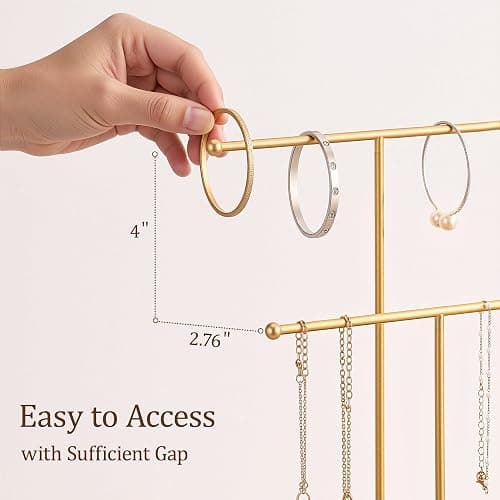 Josmimic Gold Jewelry Holder Stand with Ceramic Tray: Small Hanging Necklace Organizer Tree for Earrings, Bracelets, Rings – Jewelry Display Hanger for Women & Girls, White thumbnail 2