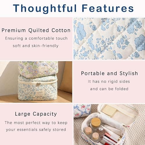 RSRSLEII Large Quilted Makeup Bag for Women and Girls, Cute Coquette Floral Cotton Cosmetic Bag, Aesthetic Travel Organized Toiletry Bags (09Light Blue Flower) thumbnail 5