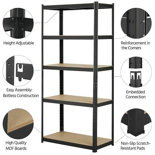Garage Shelving Units - Heavy Duty 5 Tier Black Adjustable Shelving Shelf Racking Unit Storage Rack - 175KG Per Shelf - Metal Shelves Boltless Rack for Workshop, Shed, Office - 150cm x 70cm x 30cm thumbnail 3