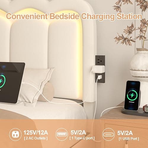 Queen Bed Frame with 4 Storage Drawers, Adjustable Wavy Headboard, White | PU Upholstered Princess Platform Bed with RGB LED Lights and Charging Station, Metal Slats Support, No Box Spring Needed thumbnail 4