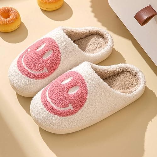 FACAXEDRE Smile Face Slippers for Women - Indoor Outdoor Retro Happy House Slides, Soft Fluffy Cushion Furry Shoes thumbnail 6