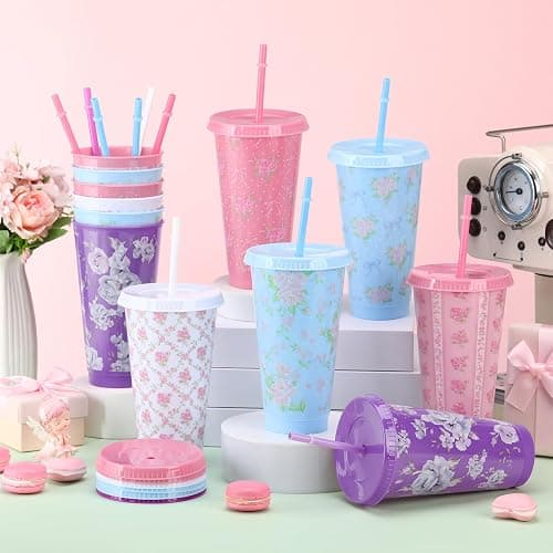 Zhehao 12 Pack Bow Floral Cups Plastic Coquette Bow Straw Tumblers Cold Cups with Lids and Straws Bulk for Iced Coffee 24 oz Reusable Travel Mug Cup Gifts for Girl Women Mom Adults thumbnail 2