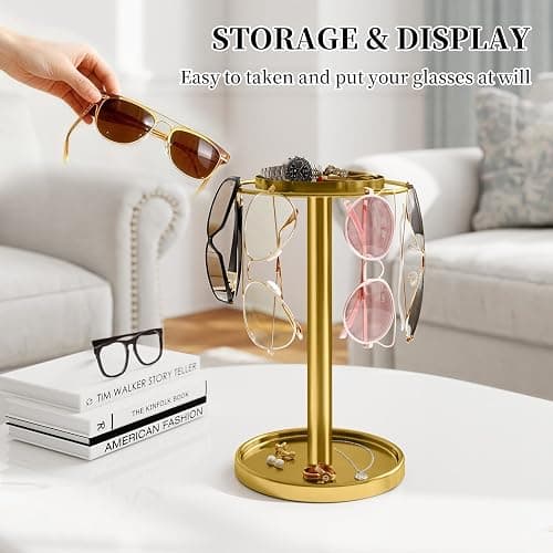 LSK 360° Rotating Sunglass Organizer, Glasses Stand with Storage Tray, Gold Stainless Steel Glasses Holder with Non-Slip Pad for Dresser, Nightstand & Home Decor, Storing Up to 9-16 Pairs Glasses thumbnail 8