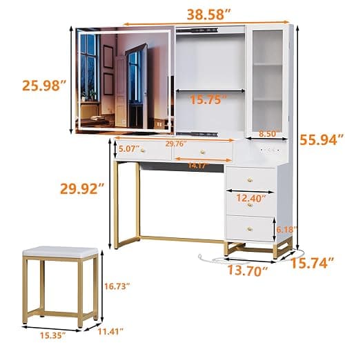 Wildhome Vanity Set with Lighted Mirror and Charging Station, Extra Large Mirror Makeup Vanity Table with Cushioned Stool,5 Drawers, Modern Vanity Table with Nightstand thumbnail 2