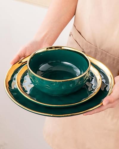 LOVECASA 12 Pieces Plates and Bowls Sets, Porcelain Green and Gold Dinnerware Sets, Round Dinner Plates Dishes Set Service for 4, Dishwasher Safe and Scratch Resistant, Green thumbnail 7