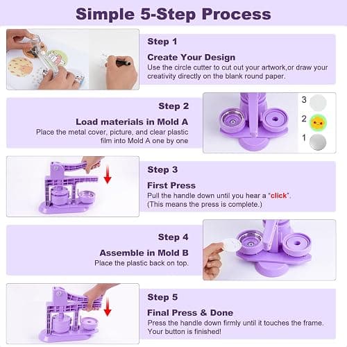 Happizza Button Maker Machine 58mm/2.25in, Pin Maker Machine Kit with 30 Buton Parts, DlY Badge Maker, Purple Button Press Machine, Perfect Beginner Experience Kit, Ideal for School, Parties, Events thumbnail 6