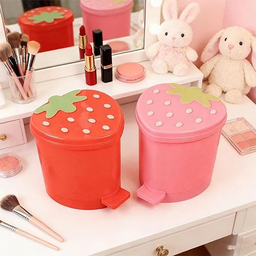 BxuxJar Strawberry Trash Can with Lid 1 Gal Small Cute Trash Can for Desk | Small Pink Strawberry Trashcan Cute Girls Room Trash Can for Bedroom Desk Office with Garbage Bag and 3D Cartoon Stickers thumbnail 3