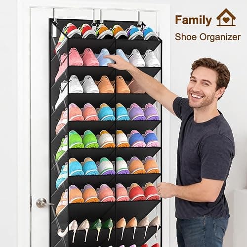 UVIAHOMI 20-30 Pairs Over the Door Shoe Organizer, Clear Pockets Hanging Shoe Storage for Closet, 10-Tier Door Shoes Rack, Handing Shoes Holder Fit All the Family's Sneakers, Boots, Heels, Black thumbnail 4