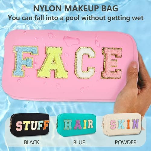 4PCS Nylon Zipper Waterproof Preppy Makeup Organizer Bag Set - Cosmetic Stuff Pouch for Women Travel Toiletry Organization Outdoor with Chenille Letter Patches thumbnail 4