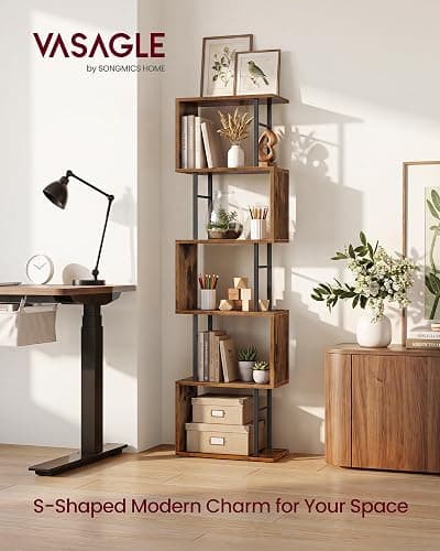 VASAGLE 6-Tier Bookshelf, S-Shaped Wood and Metal Bookcase, Tall Narrow Display Shelf, 15 x 9.4 x 61.9 in, for Living Room Storage, Rustic Brown and Matte Black, Barnet Collection ULLS172KD01 thumbnail 3