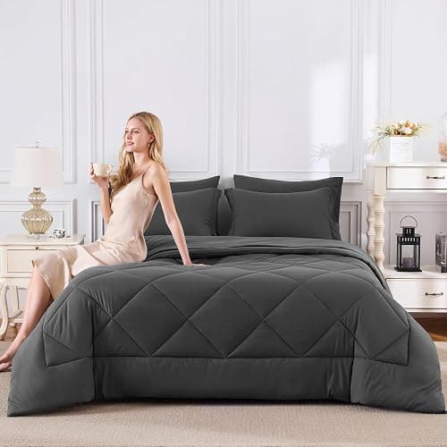 CozyLux King Size Comforter Set Dark Grey - 7 Pieces Bed in a Bag King, Luxury Soft Bed Set for All Seasons, Bedding Set with Down Alternative Comforter, Sheets, Pillowcases & Shams thumbnail 7