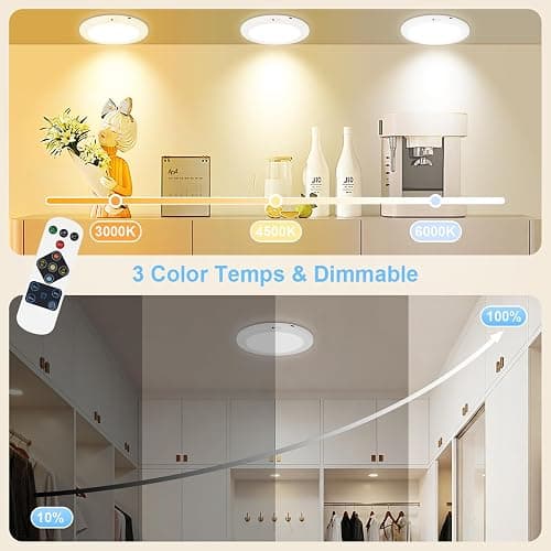 Givryes 2Pack Rechargeable Magnetic Ceiling Light/Shower Light with Remote | Motion Sensor, Wireless, Power Indicator, Waterproof, Battery-Powered LED, 3 Color, Dimmable, Closet, Pantry, Hallway, Patio thumbnail 5