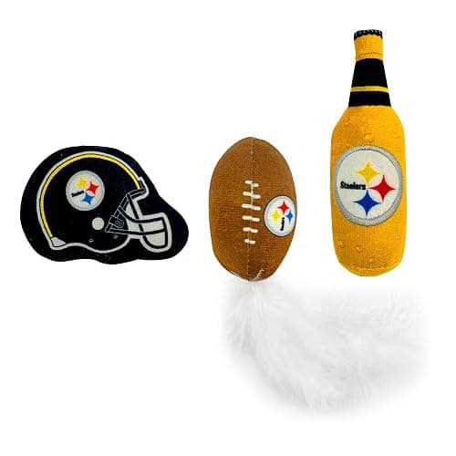 BEST PLUSH CAT TOY NFL PITTSBURGH STEELERS Complete Set of 3 piece Cat Toys filled with Fresh Catnip. Includes: 1 Helmet Cat Toy, 1 Football Cat Toy with Feathers & 1 Beer Bottle. Beautiful Team LOGOS thumbnail 2