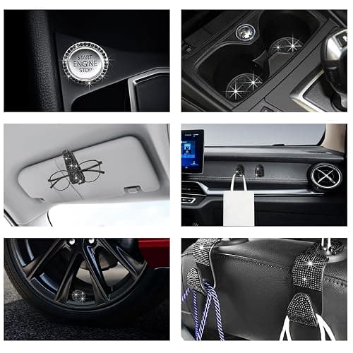 Suvnie 27PCS Bling Car Accessories Set for Women, Crystal Rhinestone Universal Steering Wheel Covers Fit 15 Inch, License Plate Frame, Phone Holder, Air Vent Outlet Trim, Coasters (Black) thumbnail 6