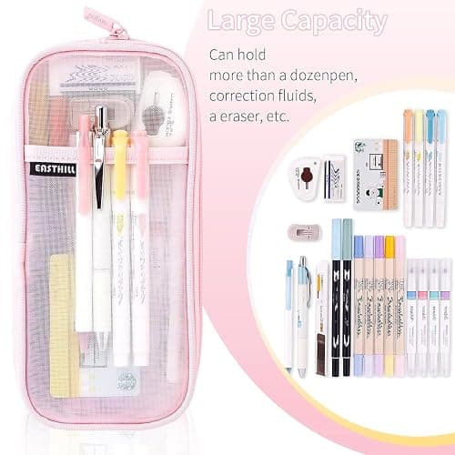 EASTHILL Grid Mesh Pen Pencil Case with Zipper Clear Makeup Color Pouch Cosmetics Bag Multi-Purpose Travel School Teen Girls and Boys Transparent Stationary Bag Office Organizer Box for Adluts(Pink) thumbnail 3
