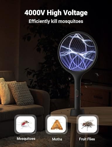 YISSVIC Electric Fly Swatter 4000V Bug Zapper Racket Dual Modes Mosquito Killer with Purple Mosquito Light Rechargeable for Indoor Home Office Backyard Patio Camping (Black-1 Pack) thumbnail 3