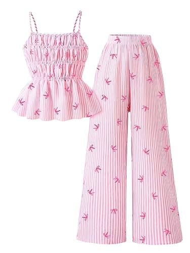 Cakaner Tween Girls Clothes Summer 2 Piece Outfit Set Ruffle Cami Top Wide Leg Pants with Pockets Size 8-13 - Image 1