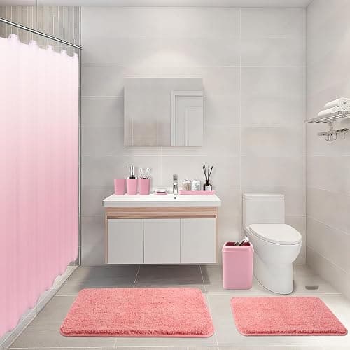 XLHOMO Bathroom Accessory Set–Bathroom Sets with Shower Curtain and Rugs, Non Slip Bathroom Rugs Super Absorbent, Pink Ombre Waterproof Shower Curtain with Hooks, Pink Bathroom Sets Complete for Home thumbnail 9