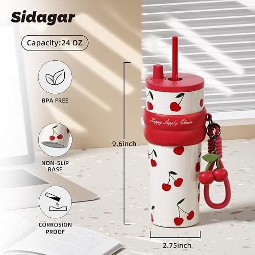SDGA+ 24 oz Stainless Steel Tumbler with Lid and Straw, Insulated Water Bottle Leak Proof for Hot and Cold, Portable Travel Coffee Mug, Reusable Coffee Cup for Women, Cherry thumbnail 3