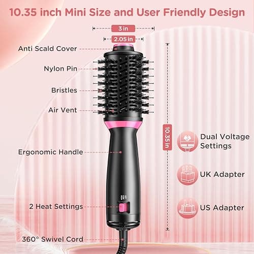 BKXCHA 3in1 Warmluftbürste Rundbürstenföhn, Doppelte Spannung One-Step Ionen Hair Dryer Brush, Tragbare Föhn Bürste mit 2 Geschwindigkeiten & 2 Adapter, Föhnbürste und Volumiser für Alle Haartypen thumbnail 6