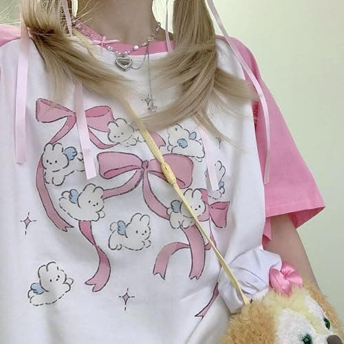 Kawaii Oversized T-Shirt Cute Pink Anime Shirt Japanese Harajuku Patchwork Tee Cartoon Print Loose Teen Girl Plus Size thumbnail 4