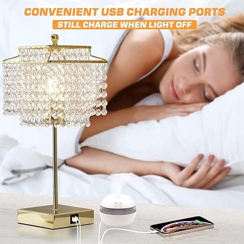 Luvkczc Crystal Touch Table Lamp, Bedside Lamps with with USB C+A Ports, Gold Bedroom Lamp, Dimmable Lamp with Crystal Shade, Nightstand Lamps for Bedroom, Living Room, Bulb Included thumbnail 7