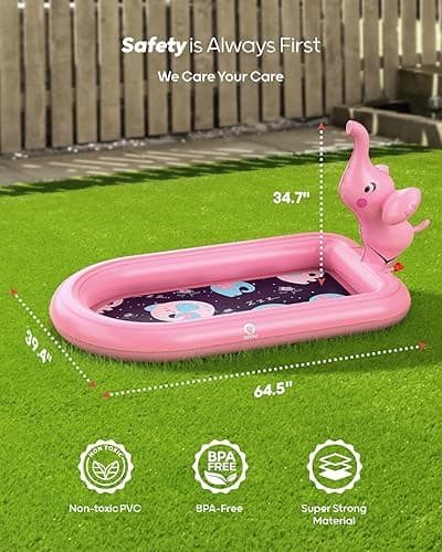 QPAU Splash Pads for Toddlers 1-3, Pink Elephant Toy Splash Pad for Kids, Outdoor Play Mat for Babies, Inflatable Sprinkler Pool for Birthday Girl Gifts 1 Year Old Girl - Pink Elephant thumbnail 3