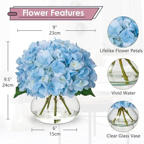 Hollyone Hydrangea Artificial Flowers with Vase Blue Silk Fake Flowers Arrangements in Glass Vase with Faux Water Faux Floral Bulk Bouquet for Home Decor Bathroom Table Centerpiece Shelf Decorations thumbnail 3