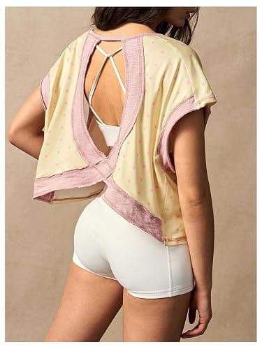 SHENHE Women Polka Dots Open Back Short Sleeve Workout Top | Oversized Cropped Backless Athletic Tee, Soft Casual Polka Dots Top for Gym Yoga Daily Workout Wear thumbnail 2