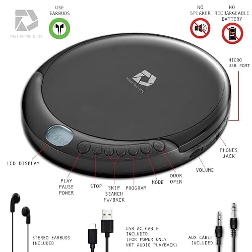 Deluxe Products CD Player Portable with 60 Second Anti Skip, Stereo Earbuds, Includes Aux in Cable and AC USB Power Cable for use at Home or in Car thumbnail 7