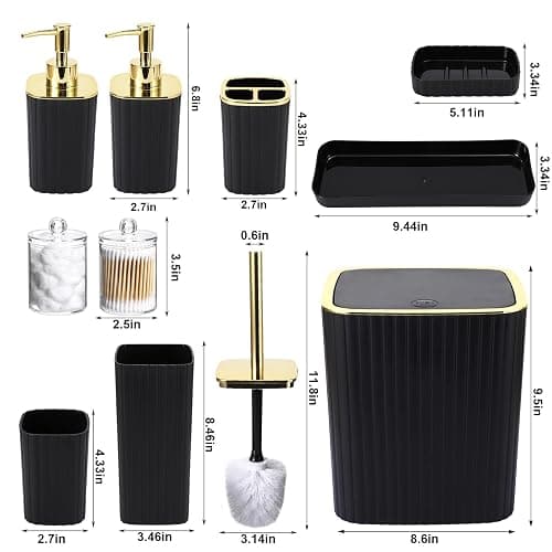 XLHOMO Bathroom Accessories Set - Gorgeous Bathroom Set, 10PC Bathroom Accessory Set, Toilet Brush, Trash Can, Qtip Holder Dispenser & Soap Dispenser - Black&Golden - Bath Set thumbnail 3