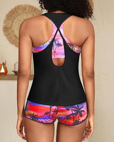 Yonique 3 Piece Athletic Tankini Swimsuits for Women with Shorts Swim Tank Tops with Sports Bra and Boyshorts Bathing Suits - Large - Pink Tree thumbnail 4