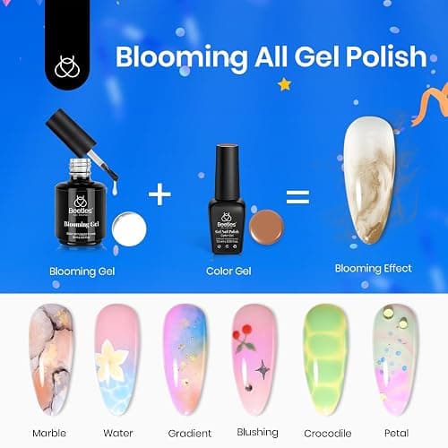 Beetles Blooming Gel & Base Top Coat Set, 3PCS 15ML Shine Finish Long Lasting No Wipe Top Coat Gel Nail Polish Base Spreading Marble Effect Soak off UV LED Nail Art Gifts for Women thumbnail 2