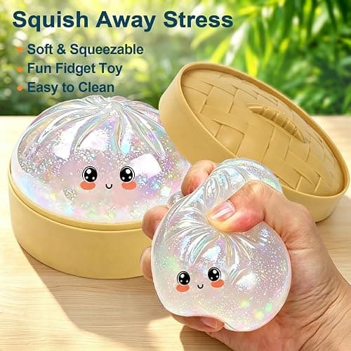 Glitter Dumpling Squishy Toy, Stretchable Squishies Dumpling Squeeze Stress Balls with Food Steaming Box, Fidget Squishy Squeeze Toys for Holiday & Birthday Gifts (White) thumbnail 4