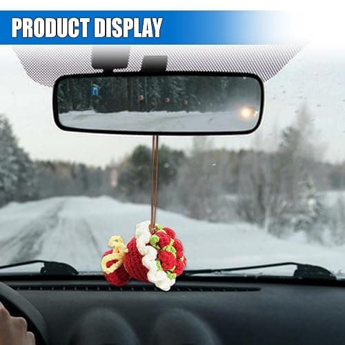 Handmade Flower Car Rear View Mirror Accessory, Crochet Rose Car Mirror Pendant Charm, Auto Hanging Ornament, Vehicle Interior Decoration for Women Present (Red) thumbnail 6