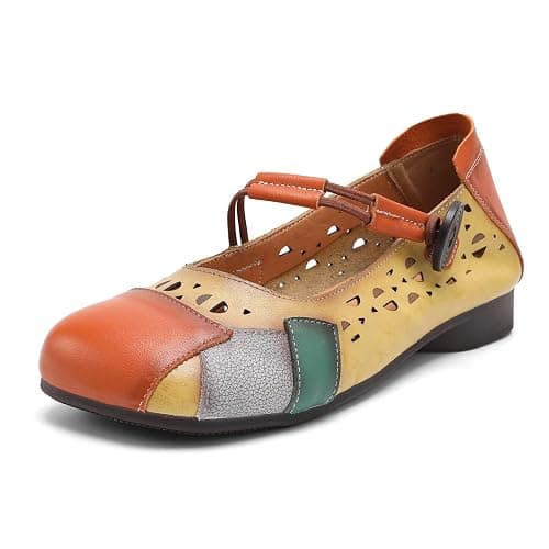 Drikler Women's Flat Shoes Retro Color Block Elastic Buckle Mary Jane Breathable Elegant Leather Walking Loafers - Image 1