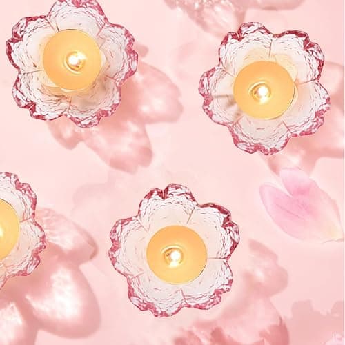 Glass Votive Candle Holders,Glass Seasoning Dishes,Cherry-Blossom Tea Bag Holders,Pink Flower Snack Dip Bowls,Set of 6 Tealight Pillar Trays for Party Housewarming Christmas Valentine Wedding Decor thumbnail 9