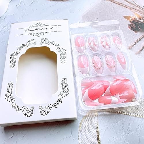 24 Pcs French Tip Press On Nails - Short Almond Bow Fake Nails with Pearl Designs - White French Tip False Nails - Reusable Artificial Nails for Women & Girls thumbnail 4
