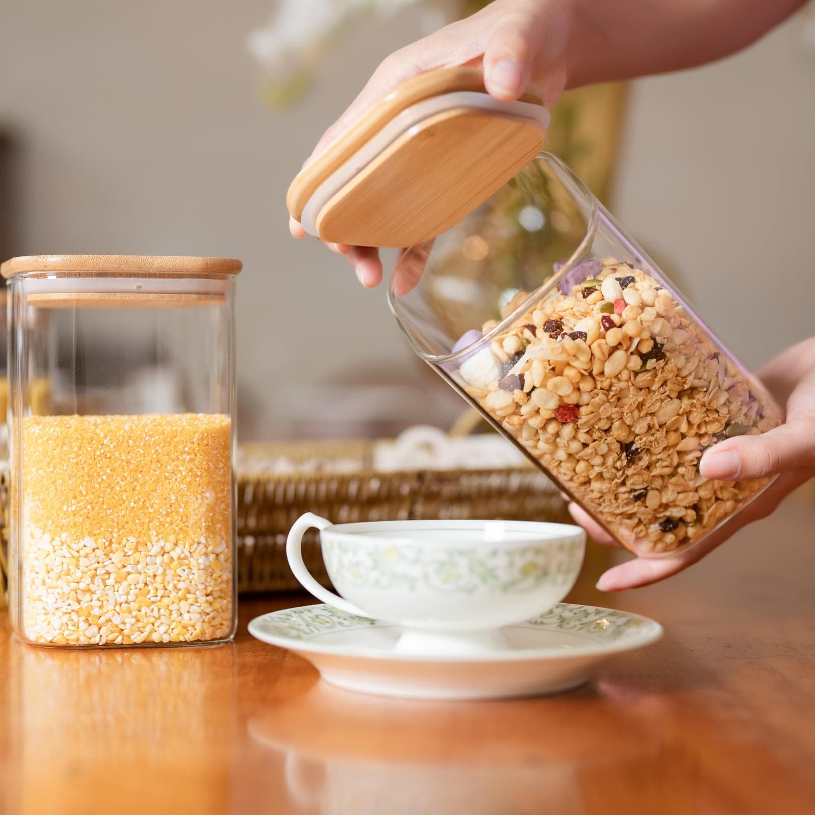 Liuruiyu Glass Food Storage Jars 37 oz Set of 6,Glass Storage Containers Clear Glass Food Canister with Bamboo Lid Airtight For Serving Tea,Coffee,Flour,Sugar,Candy,Cookie,Spice and More (Square) thumbnail 2