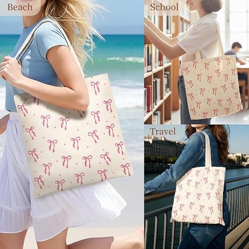 Puresora Canvas Tote Bag for Women with Zipper Cute | Zip Top, with Pockets, Medium Size, Aesthetic, Reusable Shoulder Totes for Shopping, Travel, Work, Daily Carry thumbnail 7